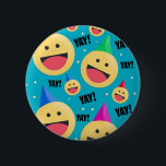 Aufgeregt YAY Emojis in Party Hats Button<br><div class="desc">Happy Emojis feiern in Party Hüte und schreien YAY!</div>