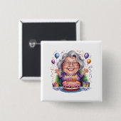 Aufgeregte alte Dame Geburtstagskuchen Kunst Button (Vorne & Hinten)