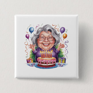 Aufgeregte alte Dame Geburtstagskuchen Kunst Button