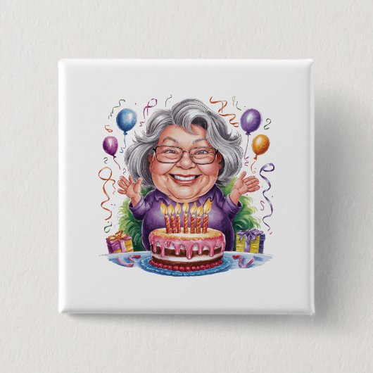 Aufgeregte alte Dame Geburtstagskuchen Kunst Button (Vorderseite)