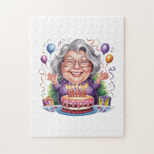 Aufgeregte alte Dame Geburtstagskuchen Kunst Puzzle
