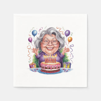 Aufgeregte alte Dame Geburtstagskuchen Kunst Serviette