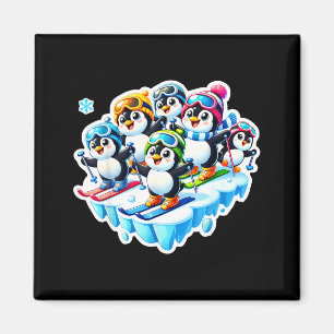 Aufgeregte Pinguine, die gemeinsam Ski fahren im S Magnet
