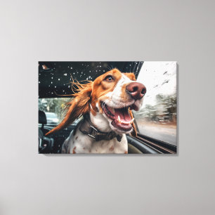 Aufgeregter Hund auf regnerischer Autofahrt Kunstp Leinwanddruck