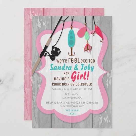 Aufgeregtes Angeln Rosa Babydusche Einladung (Vorne/Hinten)