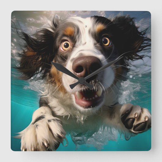 Aufgeregtes Hundeschwimmen unter Wasser Quadratische Wanduhr (Vorderseite)