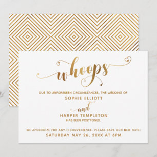 Aufgeschobene Hochzeit "Whoops" Gold-Herzen-Schrif Einladung