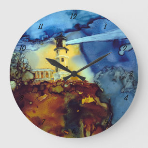 Aufgeteilter Felsen-Leuchtturm nachts Große Wanduhr