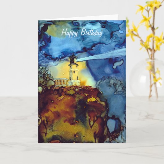 Aufgeteilter Felsen-Leuchtturm nachts Karte (Gelbe Blume)