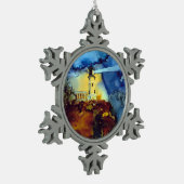 Aufgeteilter Felsen-Leuchtturm nachts Schneeflocken Zinn-Ornament (Links)