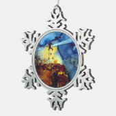 Aufgeteilter Felsen-Leuchtturm nachts Schneeflocken Zinn-Ornament (Rechts)