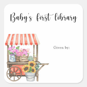 Aufgezogenes Baby Shower Exlibris - Baby's erste B Quadratischer Aufkleber