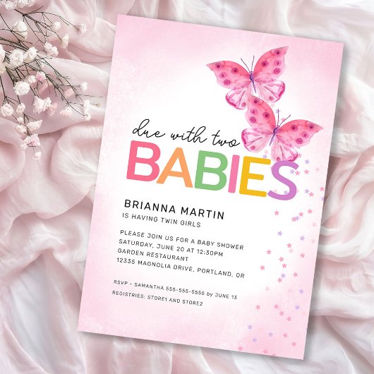 Aufgrund von zwei rosa Schmetterlingen Twins Baby Einladung
