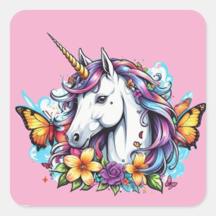 Aufkleber - Einhorn, Schmetterlinge und Blume
