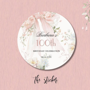 Aufkleber Eleganter rosa Bogen Blumen 100. Geburts