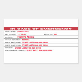 Aufkleber für Kindernotfallinformationen