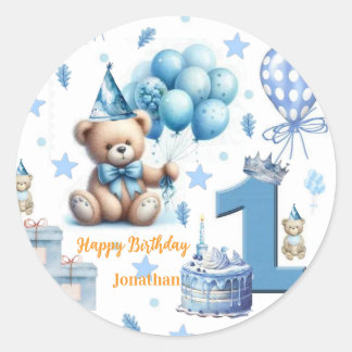 Aufkleber, Glücklicher 1. Geburtstag Teddybär Blau Runder Aufkleber