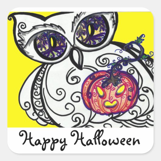 Aufkleber "glückliches Hallowee" Eule u. Kürbis (Vorderseite)