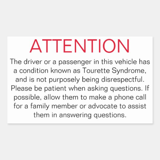Aufkleber zum Mitteilen der Polizei an Tourette (Vorderseite)