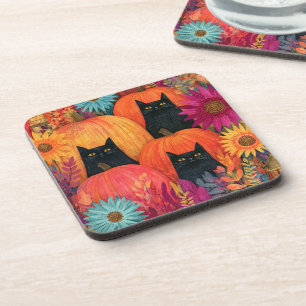 Aufmerksame schwarze Katze Herbst-Kürbis-Patch Getränkeuntersetzer
