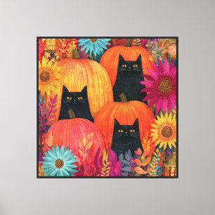 Aufmerksame schwarze Katze Herbst-Kürbis-Patch Leinwanddruck
