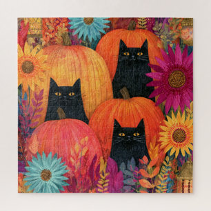 Aufmerksame schwarze Katze Herbst-Kürbis-Patch Puzzle