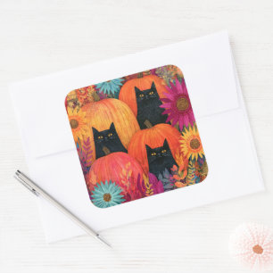 Aufmerksame schwarze Katze Herbst-Kürbisfeld Quadratischer Aufkleber