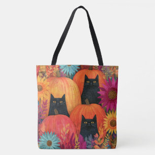 Aufmerksame schwarze Katze Herbst-Kürbisfeld Tasche
