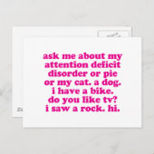 Aufmerksamkeitsdefizit-Zitat ADD ADHD - Pink Postkarte (Vorne/Hinten)