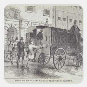 Aufnehmende Gefangene Gefängnis-Vans am Haus von Quadratischer Aufkleber