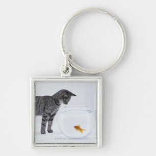 Aufpassender Goldfisch der neugierigen Katze im Schlüsselanhänger