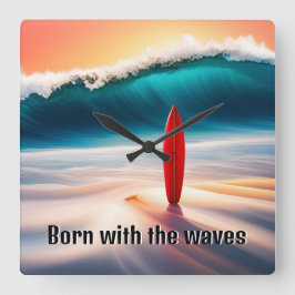 Aufrecht Surfbrett in Sand mit Wave Quadratische Wanduhr