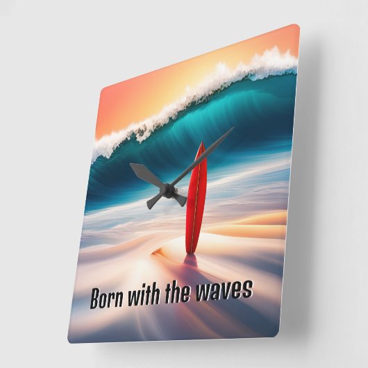 Aufrecht Surfbrett in Sand mit Wave Quadratische Wanduhr (Winkel)