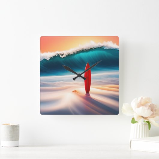 Aufrecht Surfbrett in Sand mit Wave Quadratische Wanduhr (Zuhause)