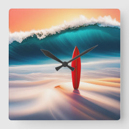 Aufrecht Surfbrett in Sand mit Wave Quadratische Wanduhr