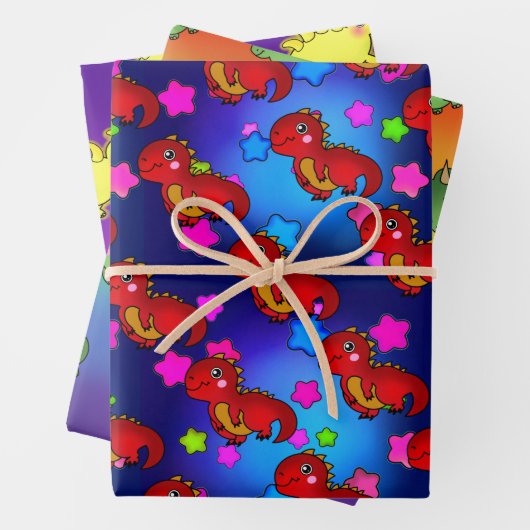 Aufregende Dinosaurier mit Regenbogen-Galaxy-Stern Geschenkpapier Set (Beispiel)