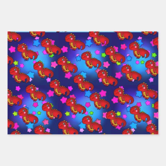 Aufregende Dinosaurier mit Regenbogen-Galaxy-Stern Geschenkpapier Set (Vorderseite)