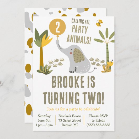 Aufruf aller Party Tiere Elephant Safari Geburtsta Einladung (Vorne/Hinten)