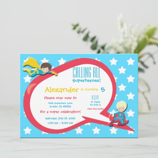 Aufruf aller Superhelden zum Geburtstag Einladung (Stehend Vorderseite)