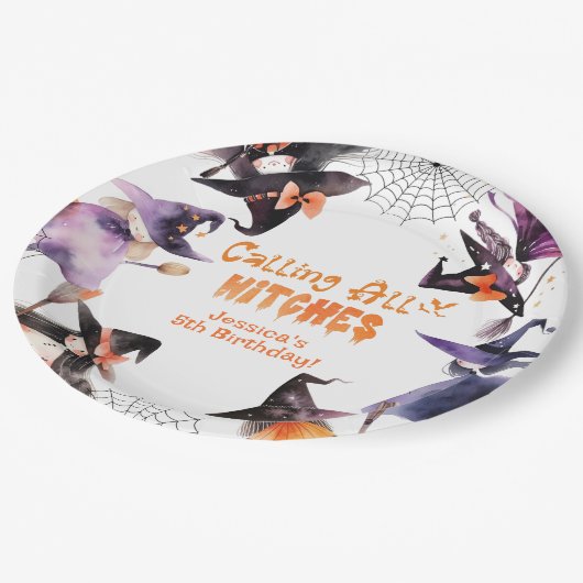 Aufrufen aller Hexen Halloween-Kostüm-Party Pappteller (Schrägansicht)