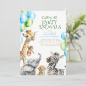 Aufrufen aller Party Tiere Niedlich Safari Geburts Einladung (Stehend Vorderseite)