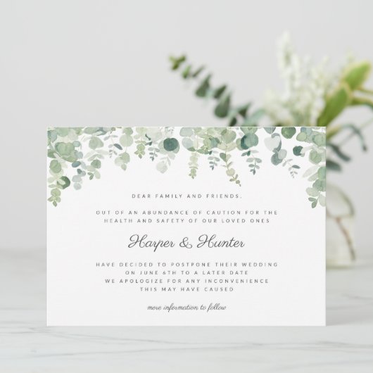 Aufschiebte Änderung des Datums Eukalyptus Hochzei Einladung (Stehend Vorderseite)