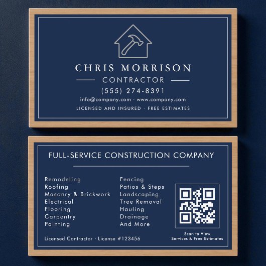 Auftragnehmer Navy Blau Silber Holz QR-Code Visitenkarte