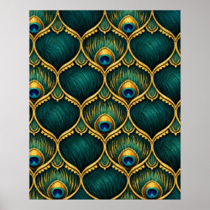 Aufwendiges Pfauenfeder-Muster in Smaragd und Gold Poster