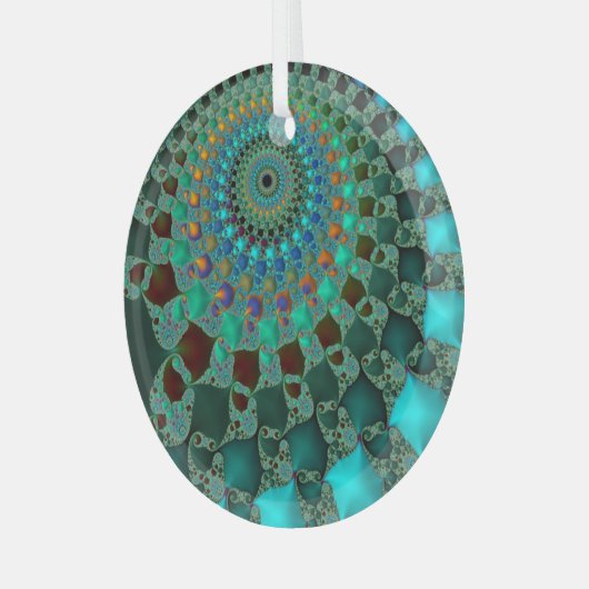 Auge Chameleon Aquamarines Abstraktes Fraktal Mand Ornament Aus Glas (Vorderseite links)
