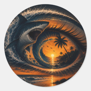Auge der Welle – Surrealer Hai Ozean Sonnenunterga Runder Aufkleber