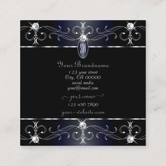 Augenfänge Schwarz-Blau Verzierte Ornamente Initia Quadratische Visitenkarte (Rückseite)