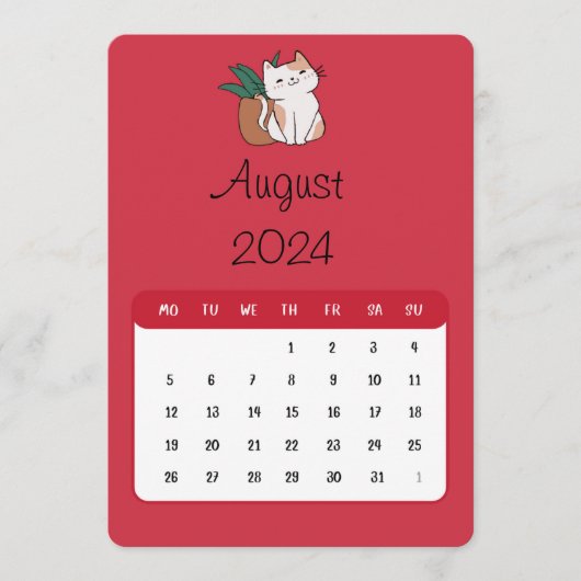 August 2024 Stand-Alone Cat and Pflanze Kalender Menükarte (Vorderseite)