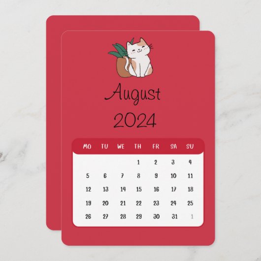 August 2024 Stand-Alone Cat and Pflanze Kalender Menükarte (Vorne/Hinten)