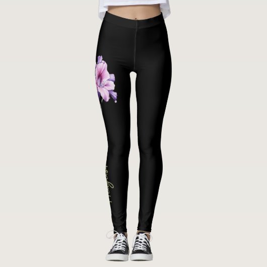 August Birth Blume, Lila Gladiolus auf Schwarz Leggings (Vorderseite)